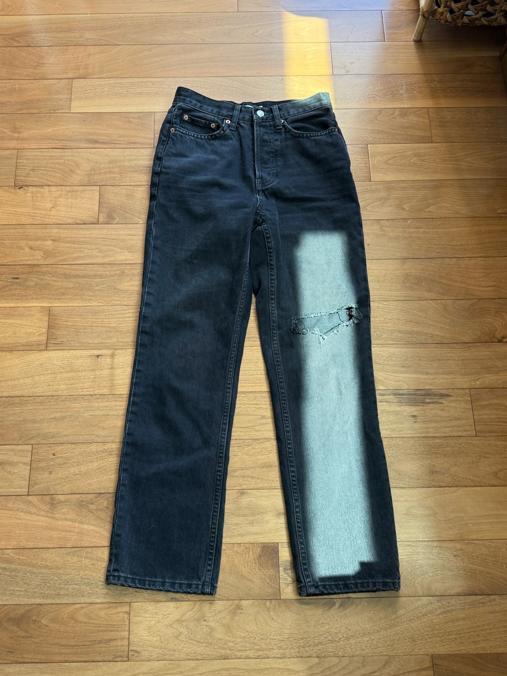 Black Straight-Leg Distressed Jeans